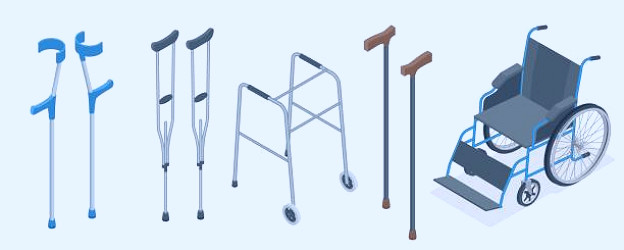 Isometric Set Of Mobility Aids Including A Wheelchair Walker Crutches Quad  Cane And Forearm Crutches Vector Illustration Health Care Concept Stock  Illustration - Download Image Now - iStock